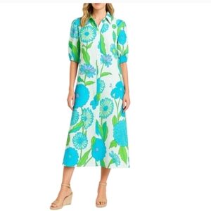 Olivia James Margot Dress Mod Floral Aqua Blue Green White Cotton XL